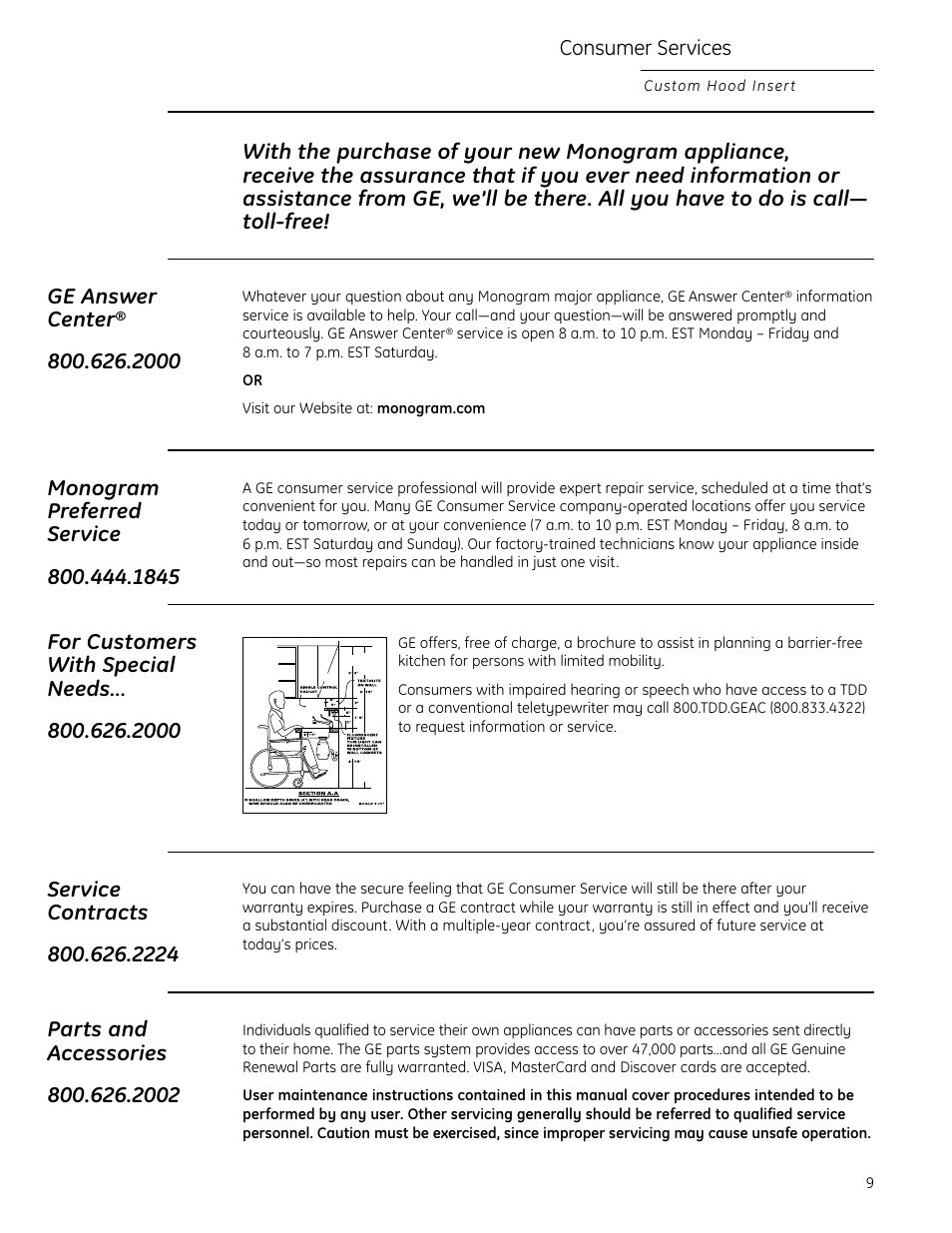 Important phone numbers, Consumer services | GE Monogram 49-80565 User Manual | Page 9 / 32