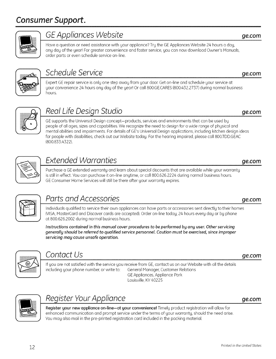 Consumer support, Schedule service, Real life design studio | Extended warranties, Ports and accessories, Contact us, Register your appliance, Website, Consumer support. ge appliances | GE PROFILE WASHERS WPRE8100 User Manual | Page 12 / 12