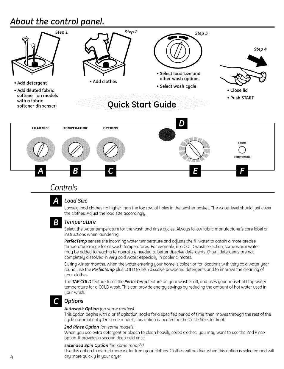 About the control panel, Step 2, Controls | Load size, Temperature, Options, Quick start guide | GE PROFILE WASHERS WPRE8100 User Manual | Page 4 / 12