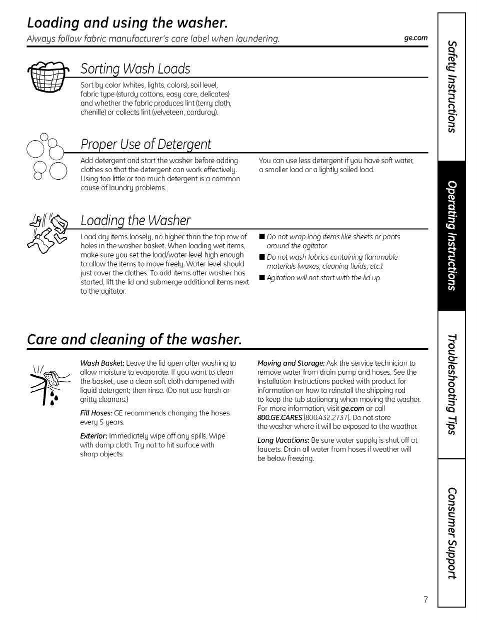 Loading and using the washer, Sorting wash loads, Proper use of detergent | Care and cleaning of the washer, M loading the washer | GE PROFILE WASHERS WPRE8100 User Manual | Page 7 / 12