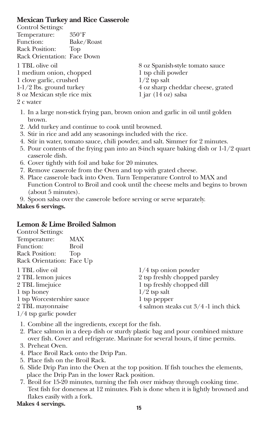 Mexican turkey and rice casserole, Lemon & lime broiled salmon | GE 168947 User Manual | Page 15 / 16