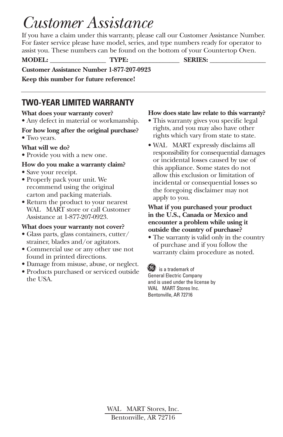Customer assistance, Two-year limited warranty | GE 168947 User Manual | Page 16 / 16