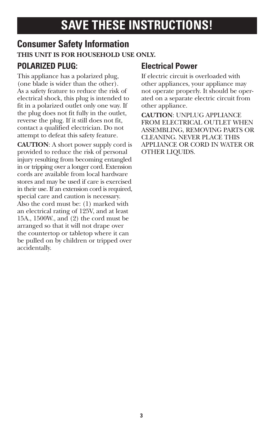 Save these instructions, Consumer safety information | GE 168947 User Manual | Page 3 / 16