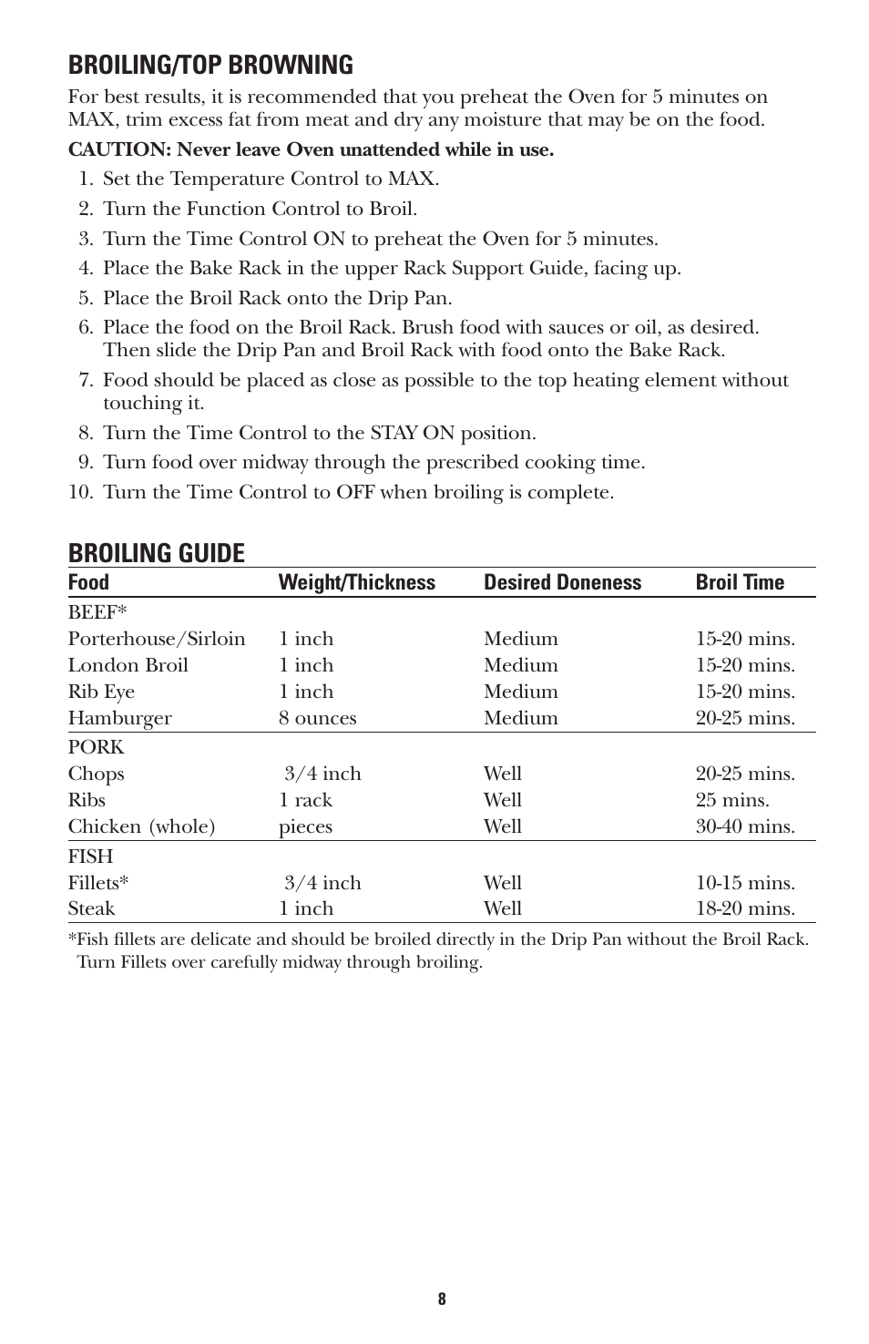 Broiling/top browning, Broiling guide | GE 168947 User Manual | Page 8 / 16