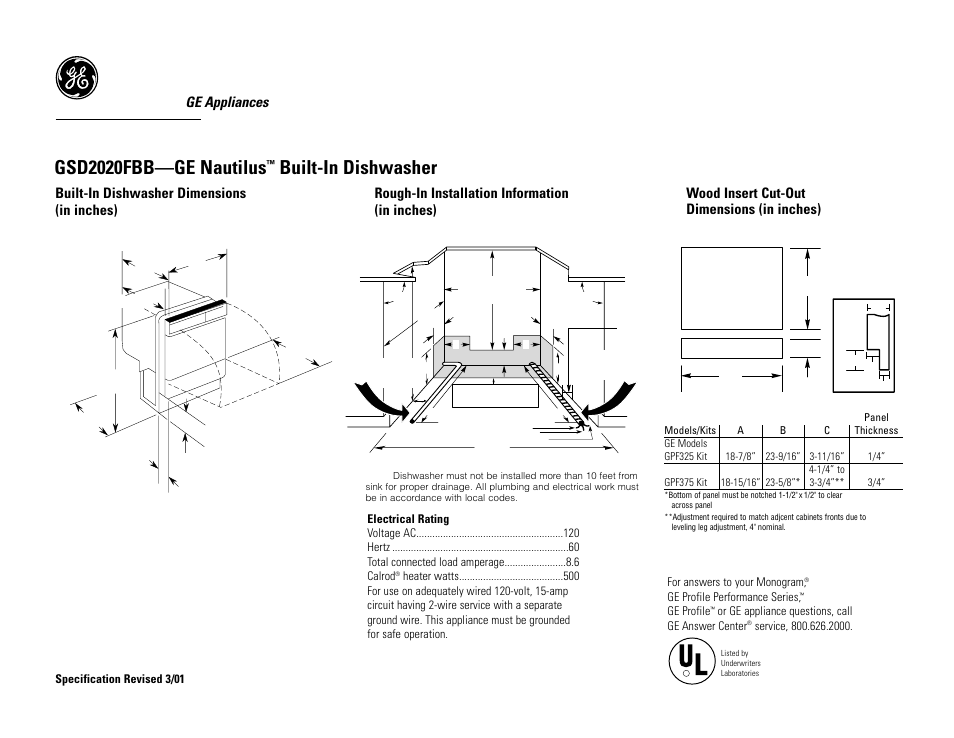 GE Nautilus GSD2020FBB User Manual | 2 pages