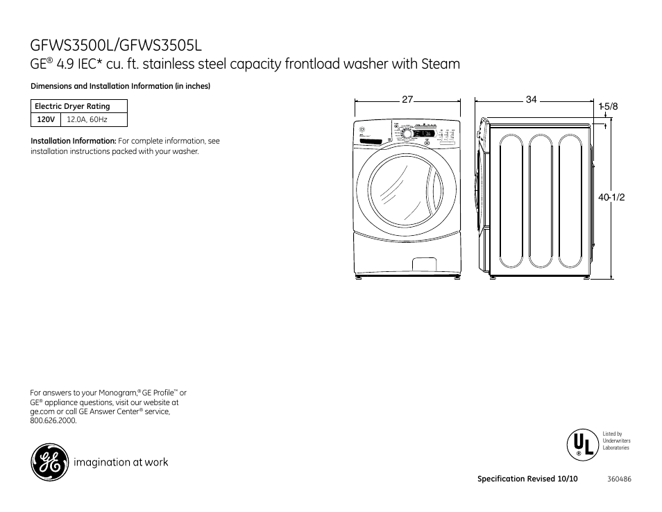 GE Profile GFWS3500L User Manual | 3 pages