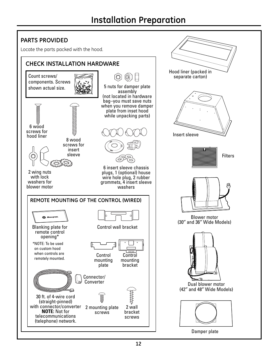 Parts provided, Installation preparation, Check installation hardware | GE Monogram ZVC36 User Manual | Page 12 / 68