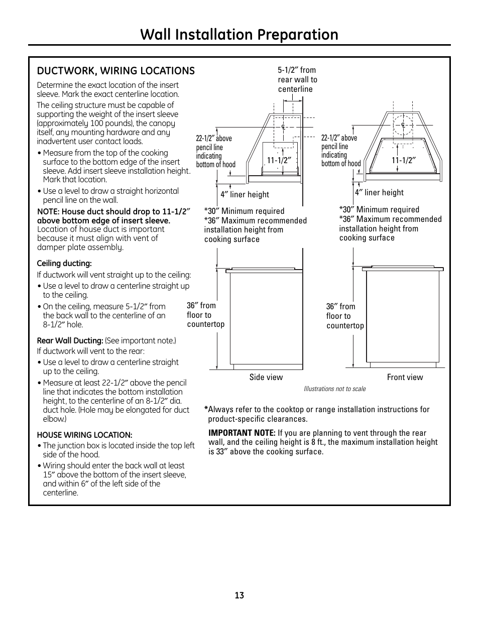 Ductwork, wiring locations, Wall installation preparation | GE Monogram ZVC36 User Manual | Page 13 / 68