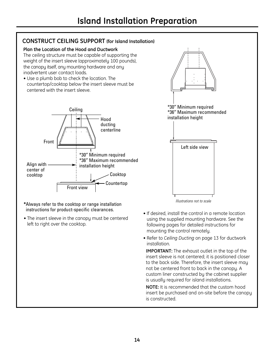 Construct ceiling support, Island installation preparation | GE Monogram ZVC36 User Manual | Page 14 / 68