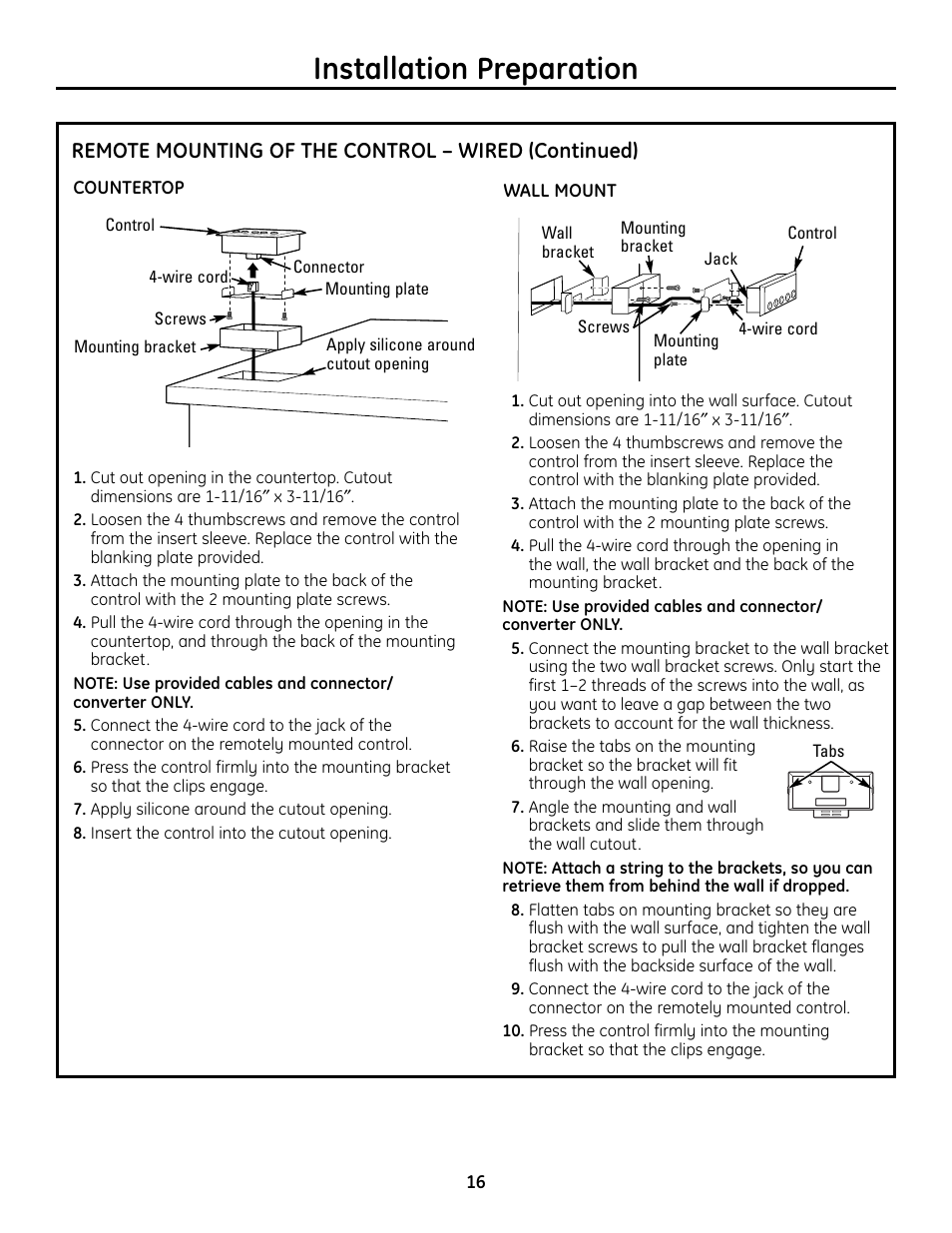 Installation preparation, Remote mounting of the control – wired (continued) | GE Monogram ZVC36 User Manual | Page 16 / 68