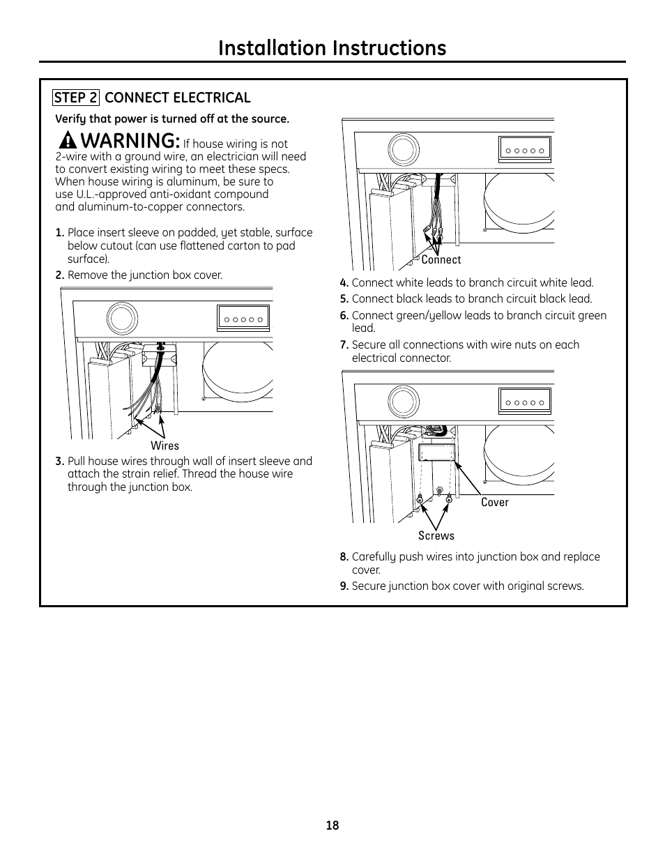 Step 2, connect electrical, Installation instructions, Warning | GE Monogram ZVC36 User Manual | Page 18 / 68