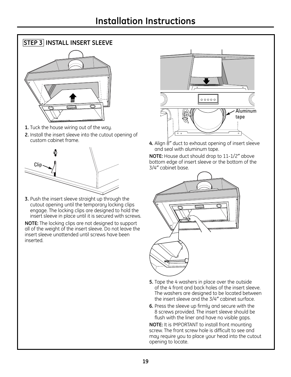 Step 3, install insert sleeve, Installation instructions | GE Monogram ZVC36 User Manual | Page 19 / 68