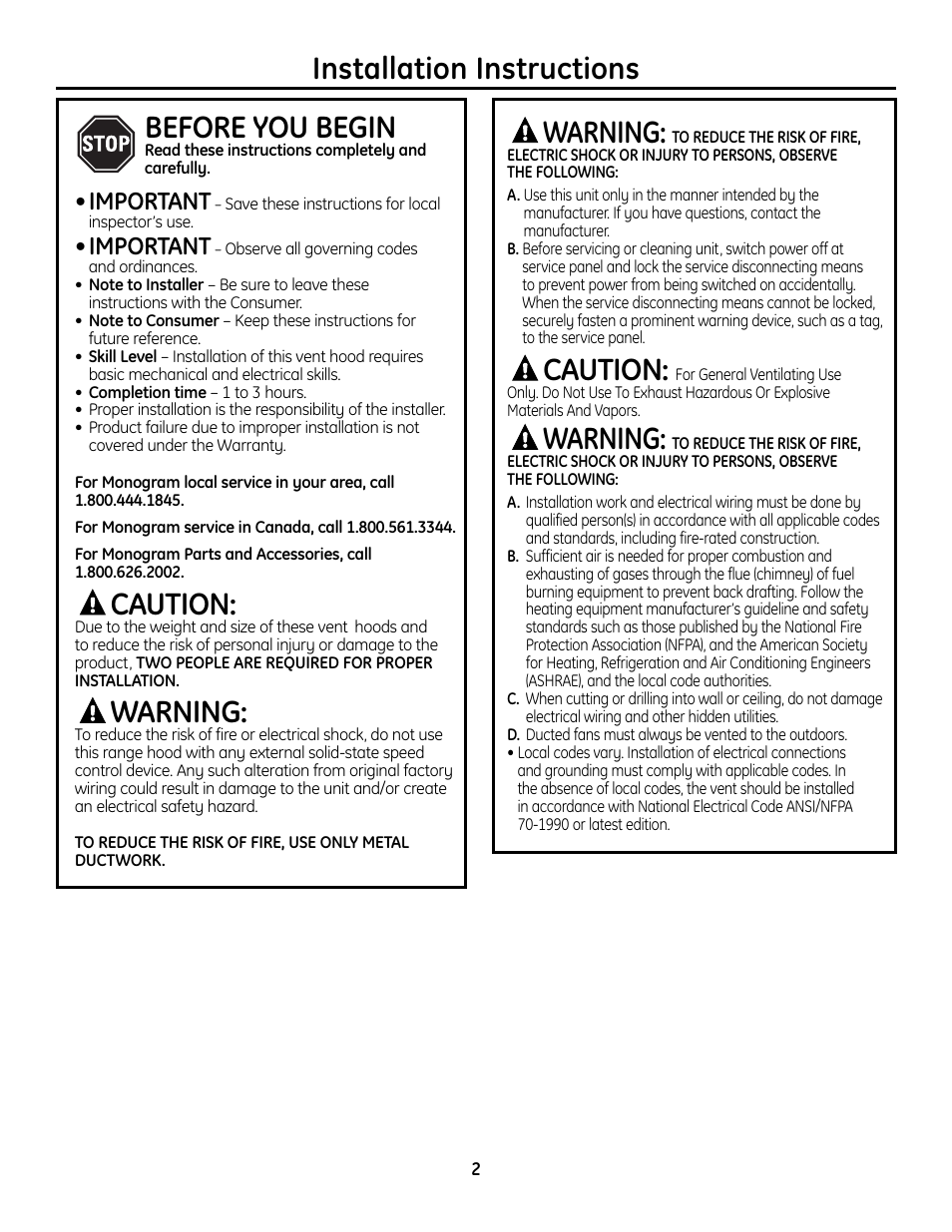 Installation instructions warning, Caution, Warning | Before you begin, Important | GE Monogram ZVC36 User Manual | Page 2 / 68