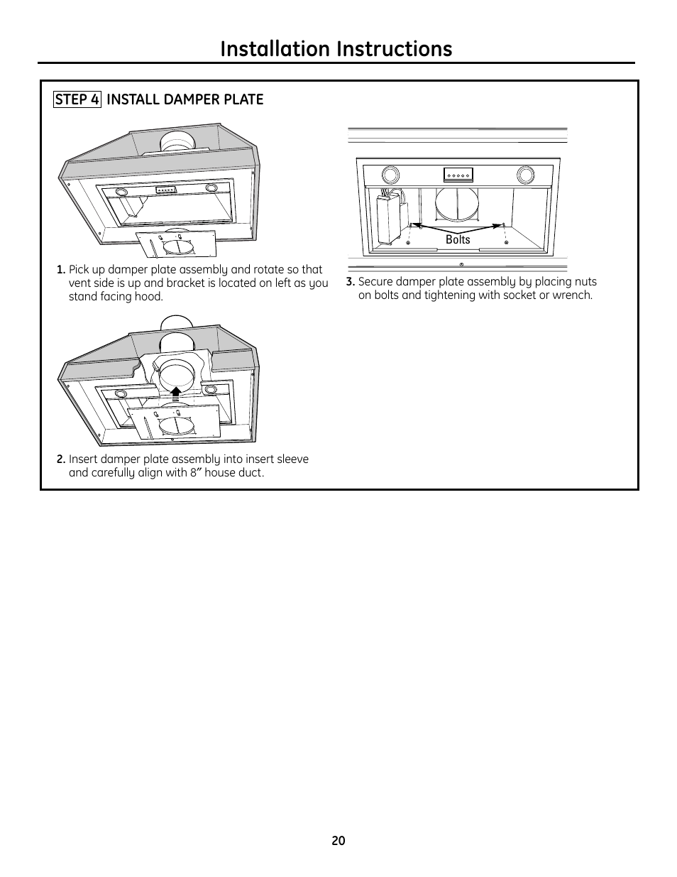 Step 4, install damper plate, Installation instructions | GE Monogram ZVC36 User Manual | Page 20 / 68