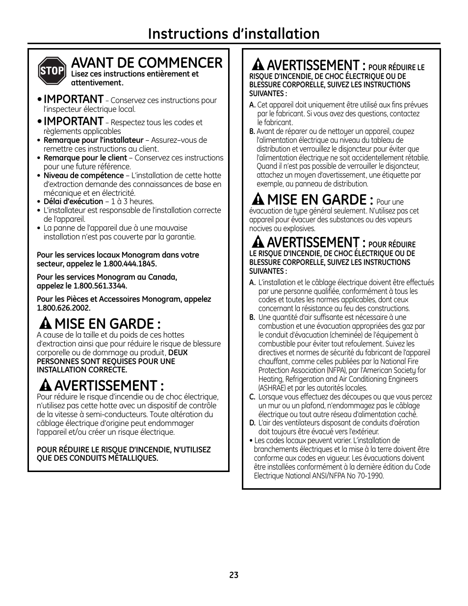 Instructions d’installation avertissement, Mise en garde, Avertissement | Avant de commencer, Important | GE Monogram ZVC36 User Manual | Page 23 / 68