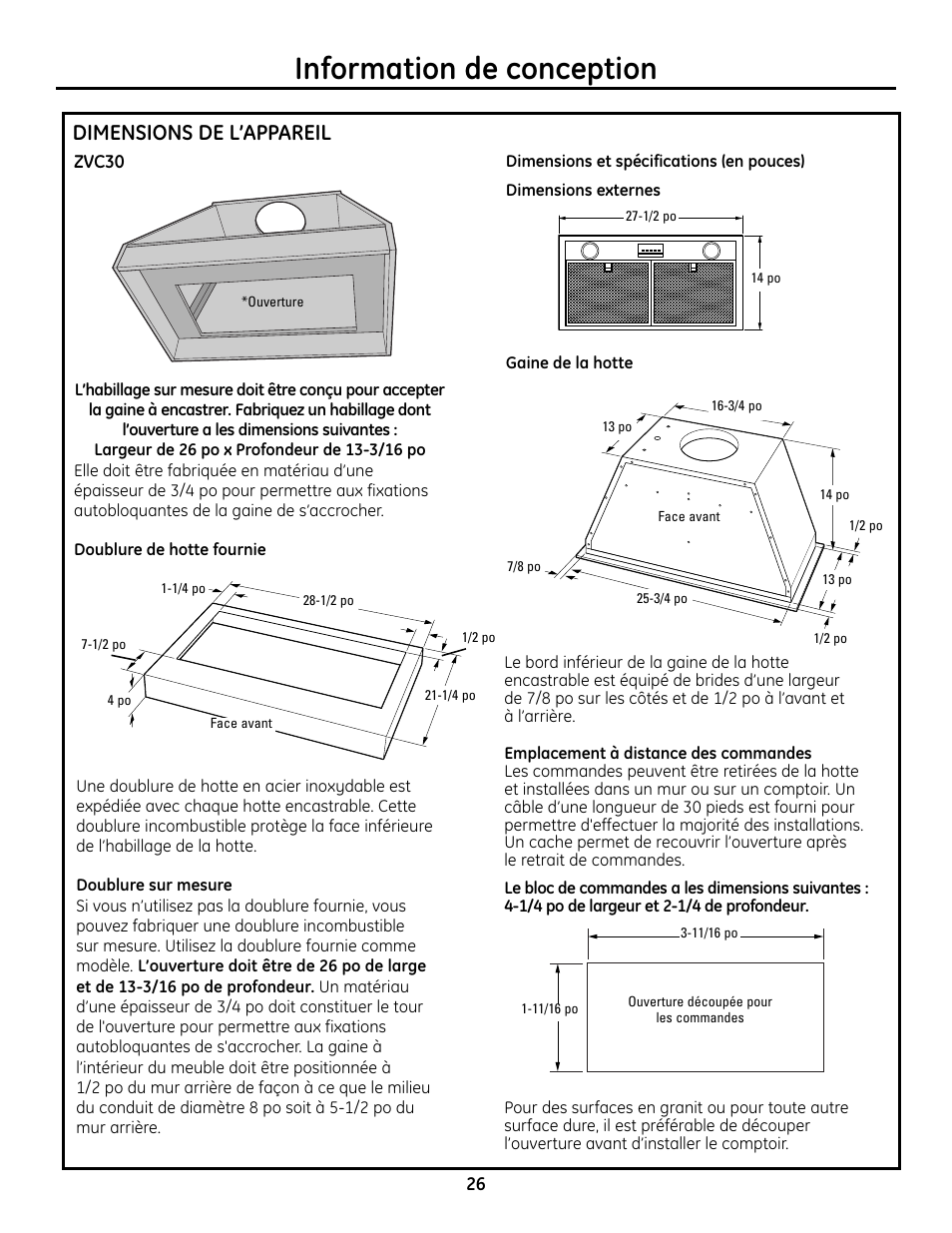 Dimensions de l’appareil, Dimensions de l’appareil –29, Information de conception | GE Monogram ZVC36 User Manual | Page 26 / 68