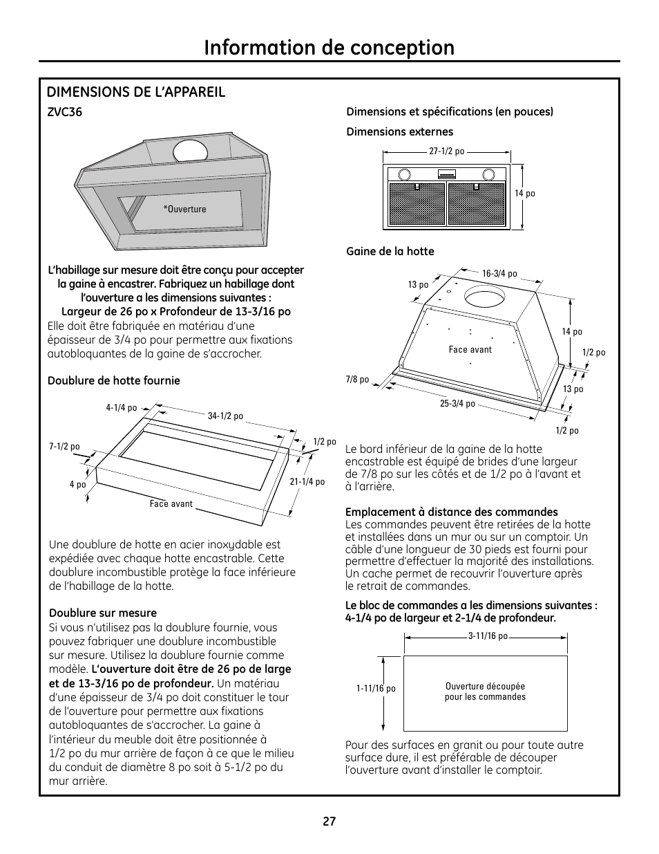 Information de conception, Dimensions de l’appareil | GE Monogram ZVC36 User Manual | Page 27 / 68