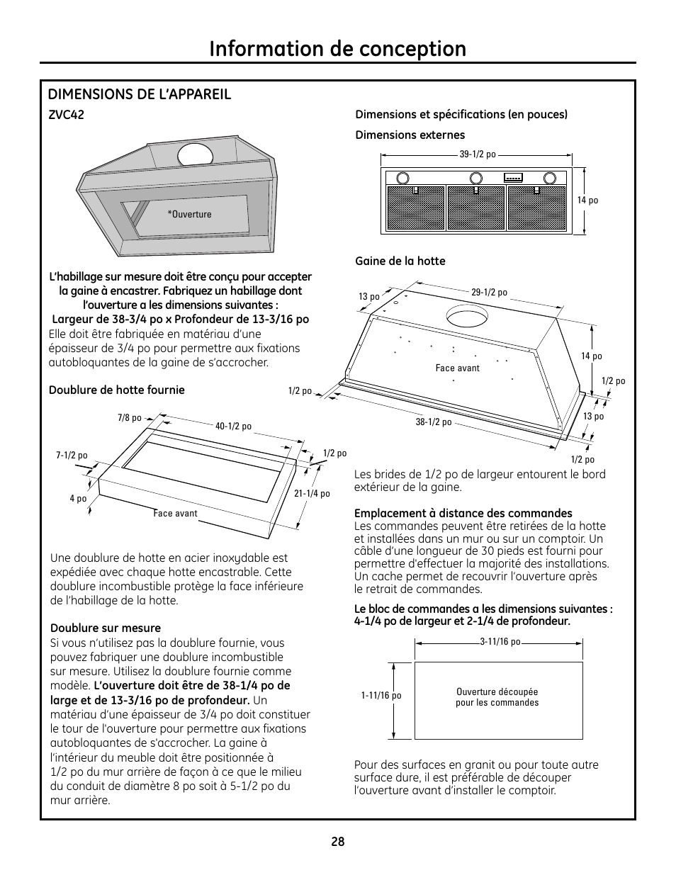 Information de conception, Dimensions de l’appareil | GE Monogram ZVC36 User Manual | Page 28 / 68
