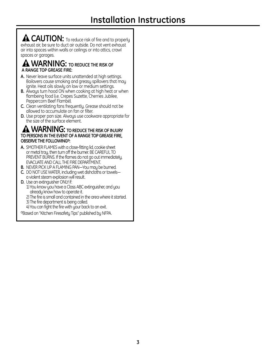 Installation instructions caution, Warning | GE Monogram ZVC36 User Manual | Page 3 / 68