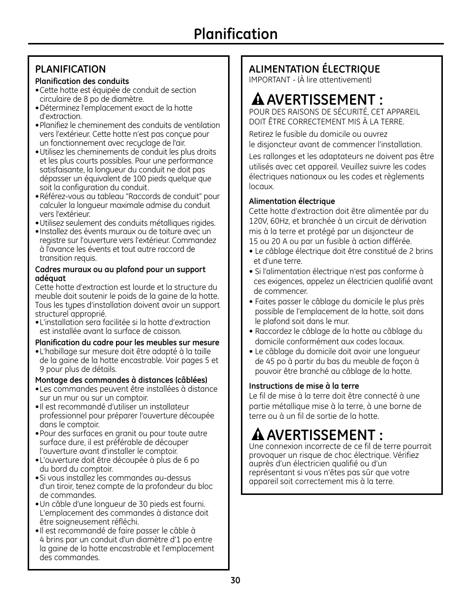 Planification, Montage des commandes à distances (câblées), Alimentation électrique | Avertissement | GE Monogram ZVC36 User Manual | Page 30 / 68