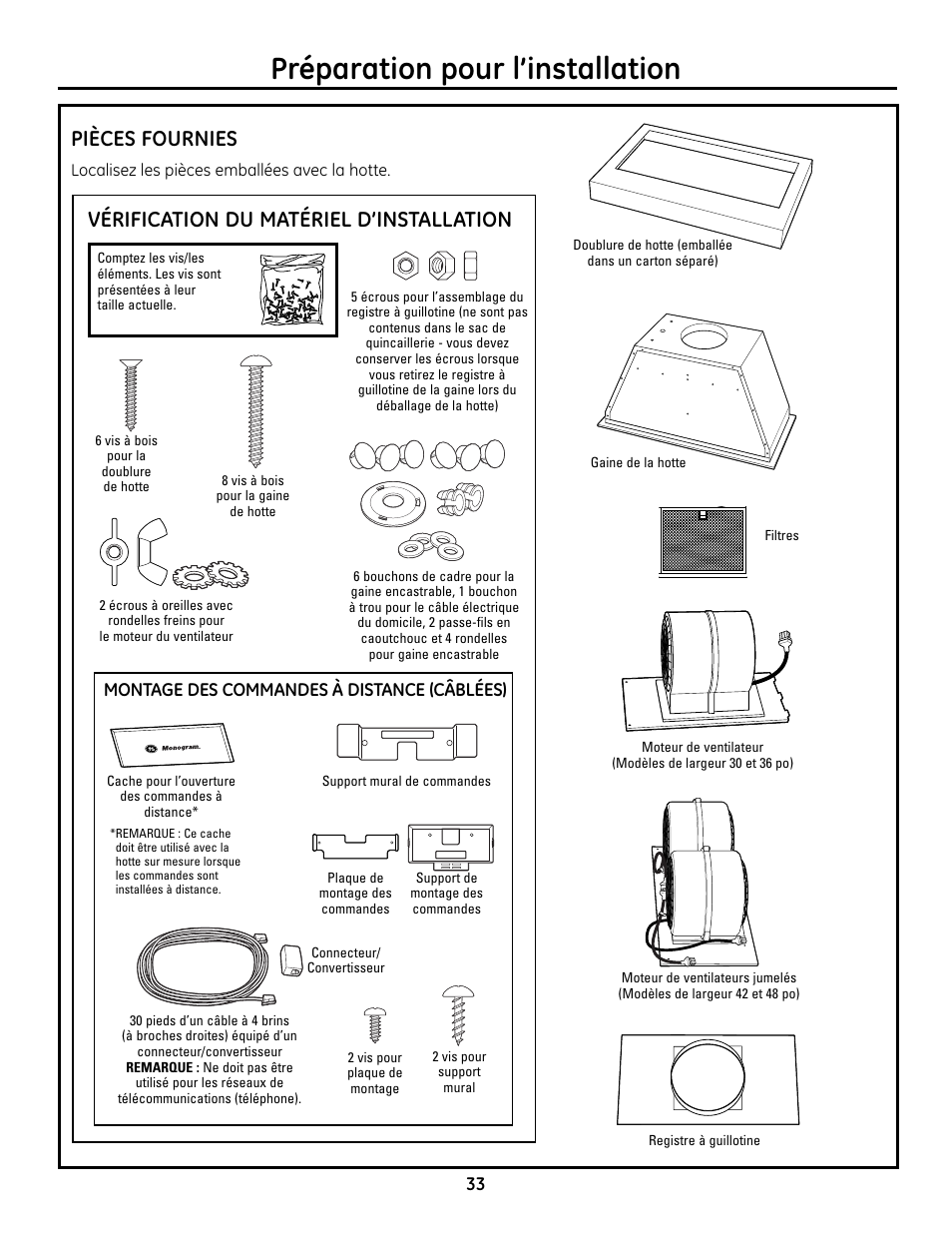 Pièces fournies, Préparation pour l’installation, Vérification du matériel d’installation | GE Monogram ZVC36 User Manual | Page 33 / 68
