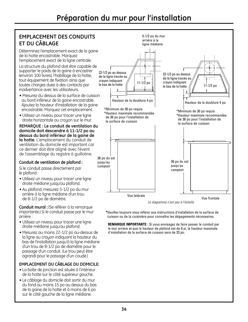 Emplacement des conduits et du câblage, Préparation du mur pour l’installation | GE Monogram ZVC36 User Manual | Page 34 / 68