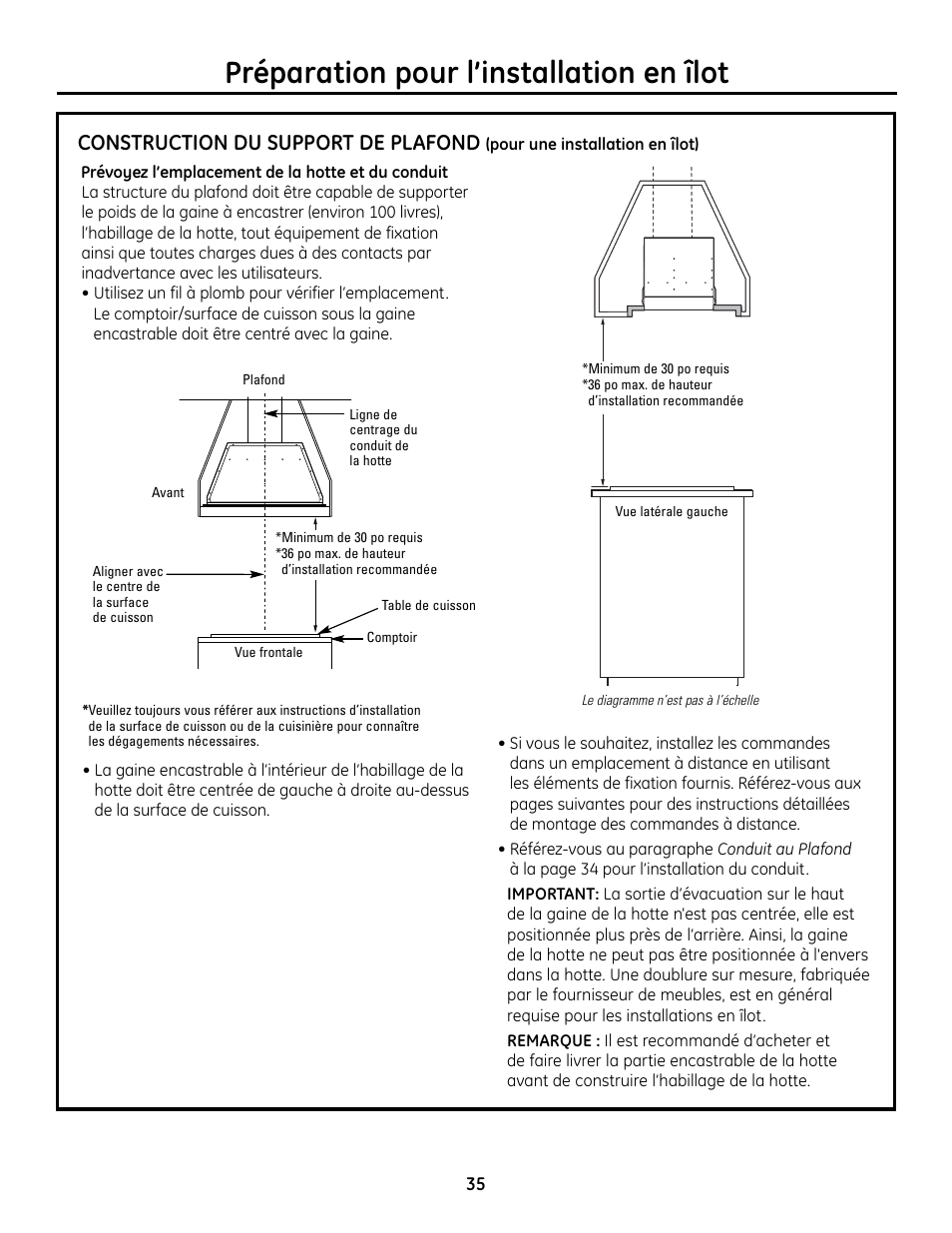 Construction du support de plafond, Préparation pour l’installation en îlot | GE Monogram ZVC36 User Manual | Page 35 / 68