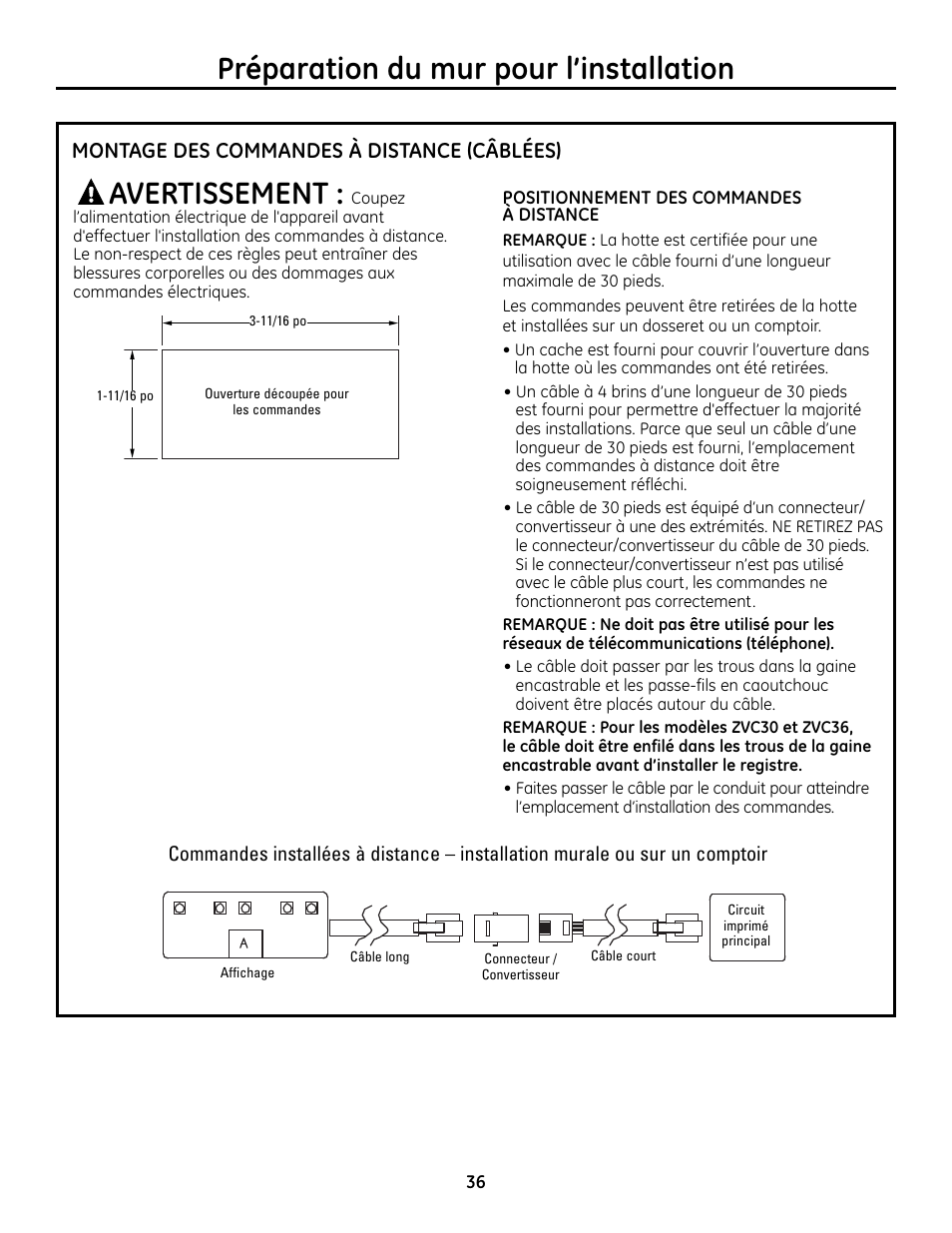 Montage des commandes à distances –câblées, Montage des commandes à distances –câblées , 37, Montage des commandes à distance (câblées) | GE Monogram ZVC36 User Manual | Page 36 / 68