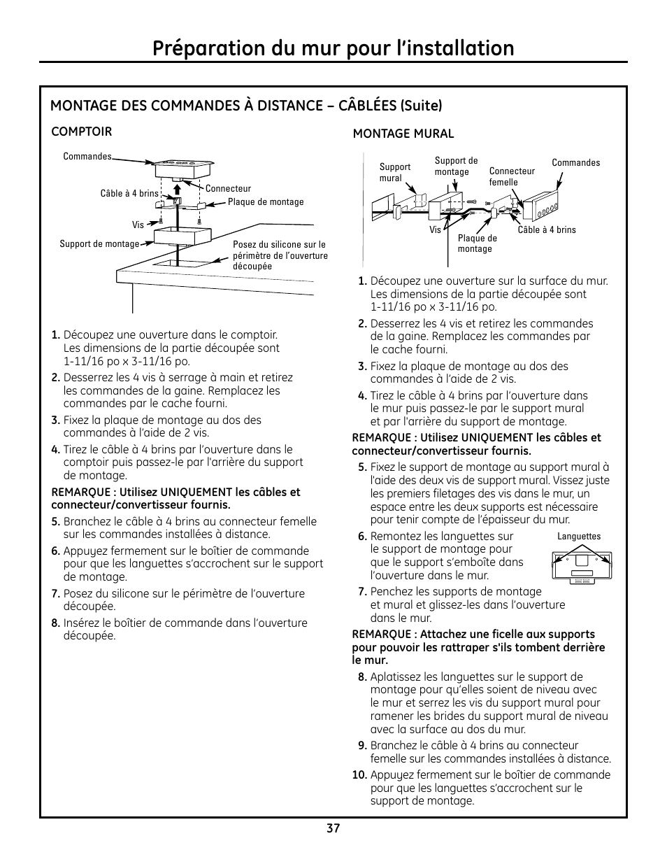 Préparation du mur pour l’installation, Montage des commandes à distance – câblées (suite) | GE Monogram ZVC36 User Manual | Page 37 / 68