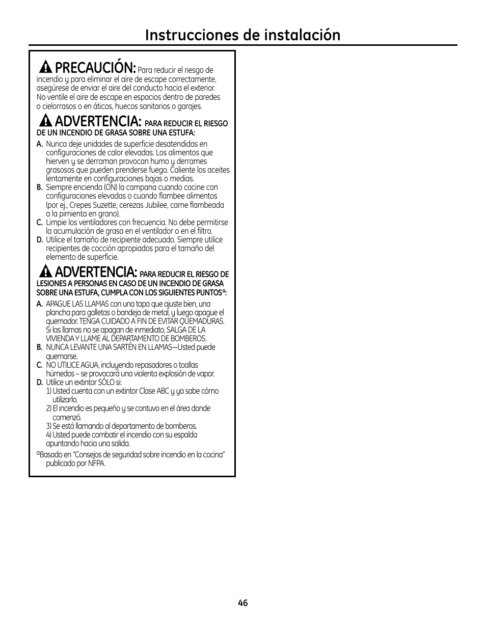 Instrucciones de instalación precaución, Advertencia | GE Monogram ZVC36 User Manual | Page 46 / 68
