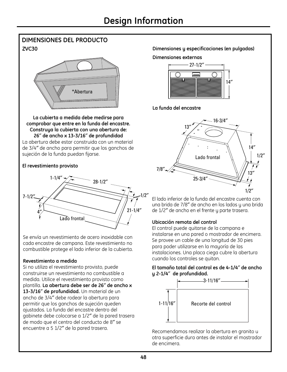 Dimensiones del producto, Dimensiones del producto –51, Design information | GE Monogram ZVC36 User Manual | Page 48 / 68