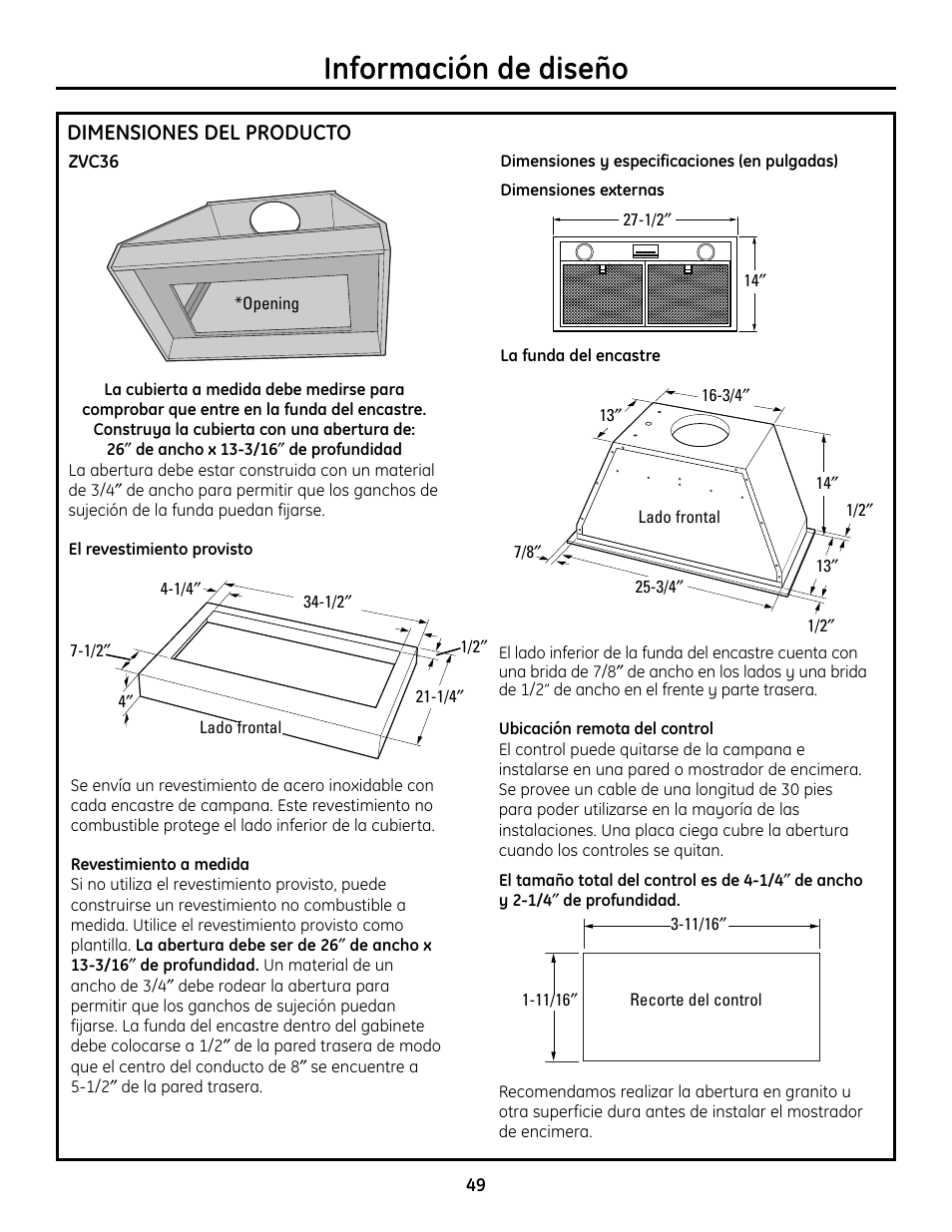 Información de diseño, Dimensiones del producto | GE Monogram ZVC36 User Manual | Page 49 / 68