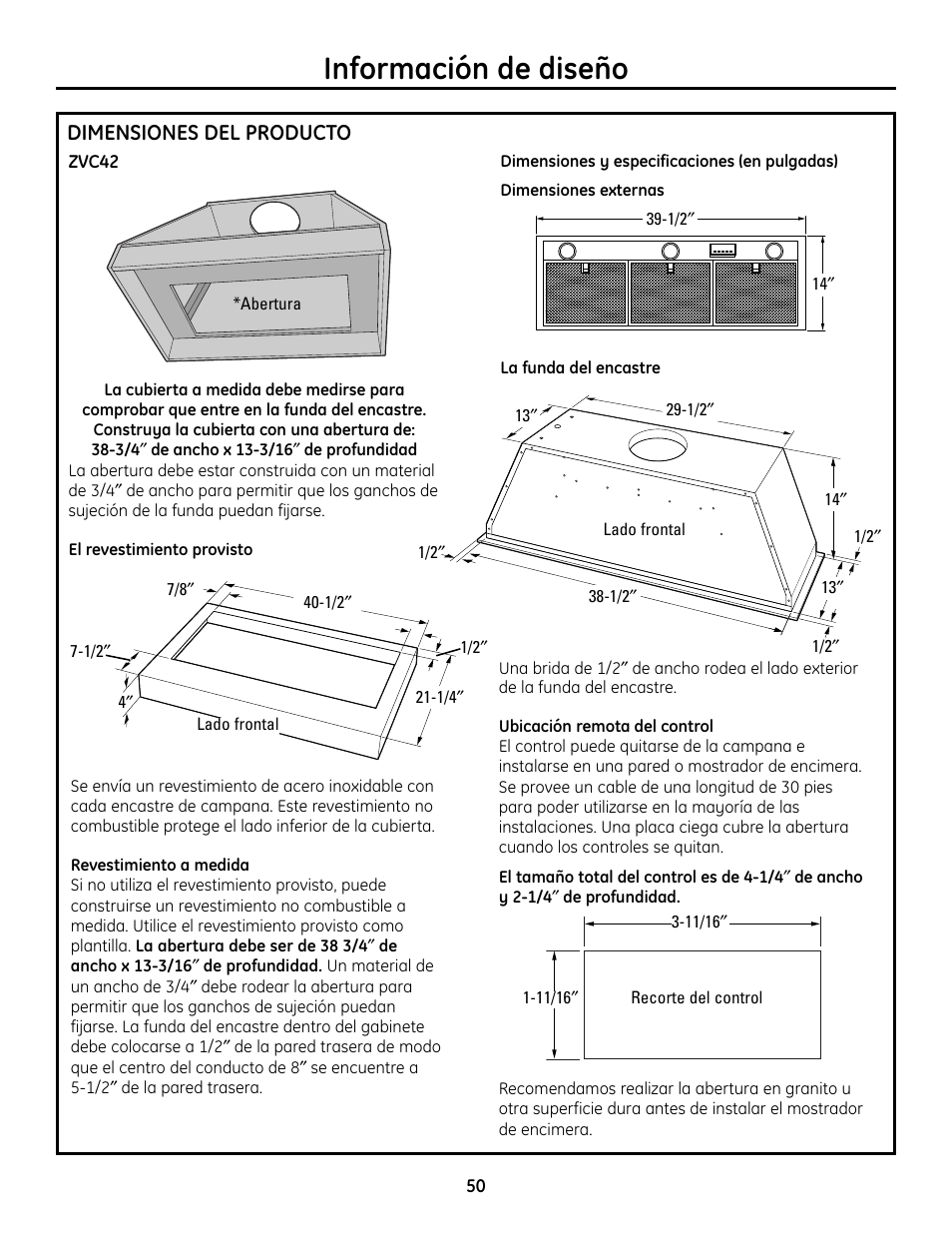 Información de diseño, Dimensiones del producto | GE Monogram ZVC36 User Manual | Page 50 / 68
