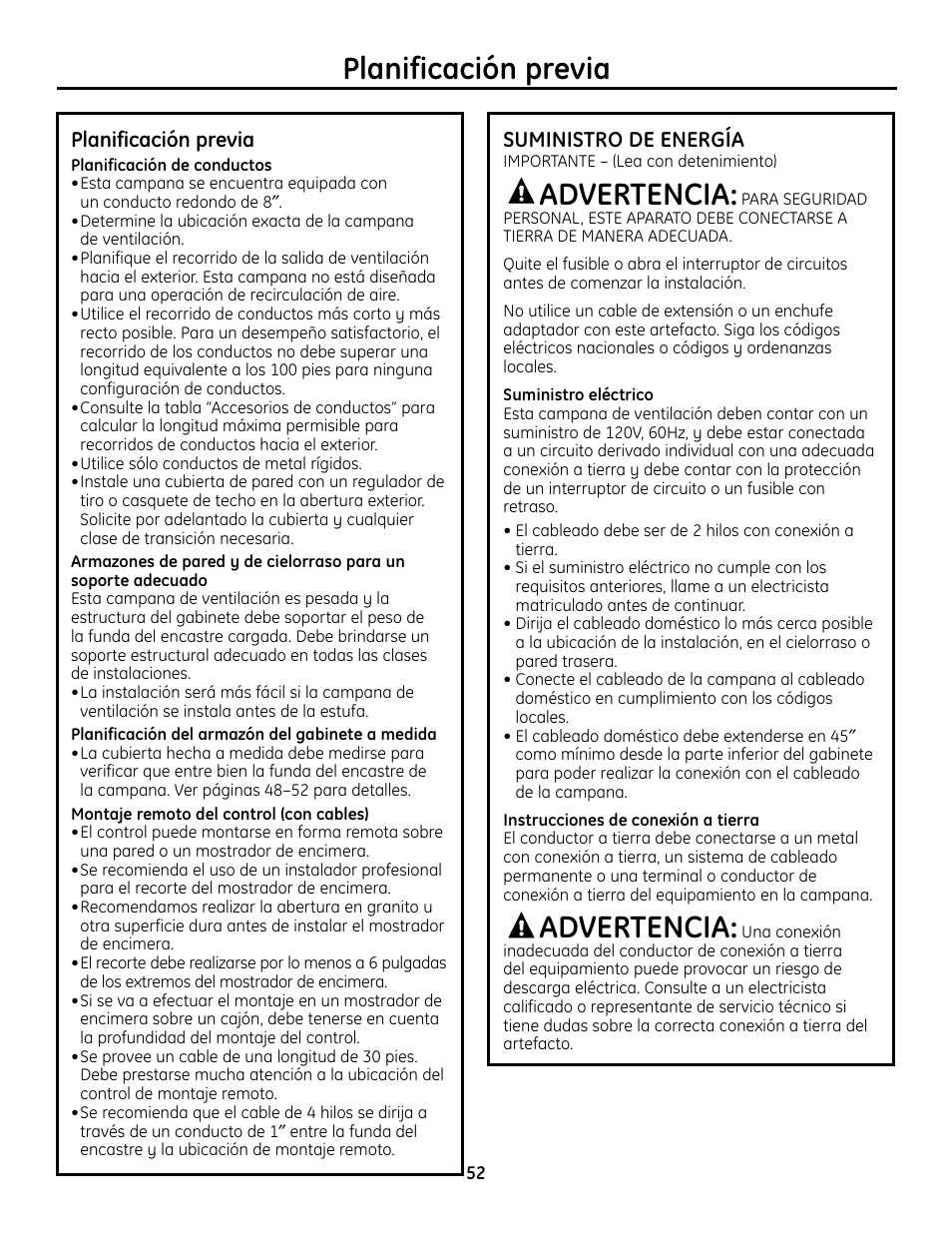 Planificación previa, Montaje remoto del control (con cables), Advertencia | GE Monogram ZVC36 User Manual | Page 52 / 68