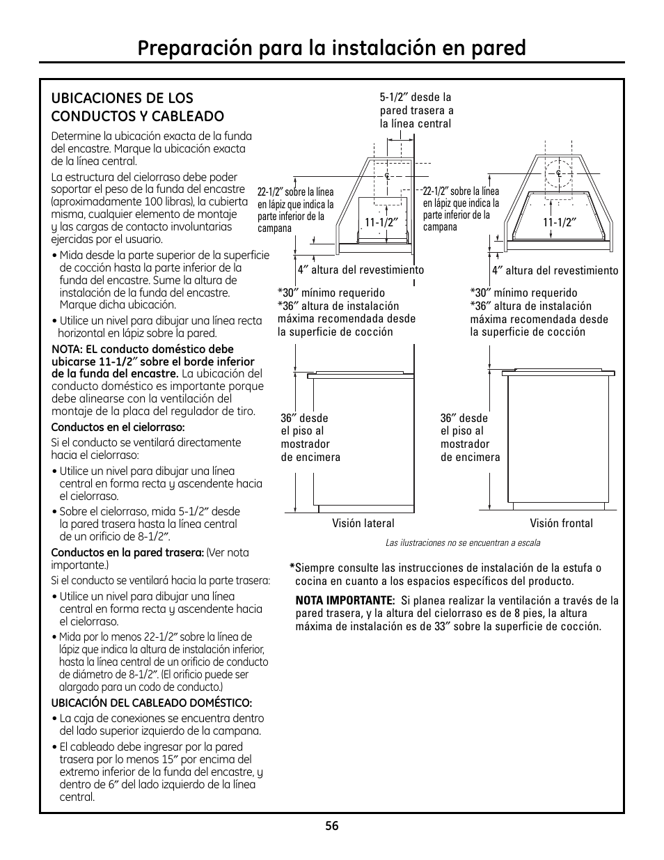 Ubicación de los conductos y cableado, Preparación para la instalación en pared, Ubicaciones de los conductos y cableado | GE Monogram ZVC36 User Manual | Page 56 / 68