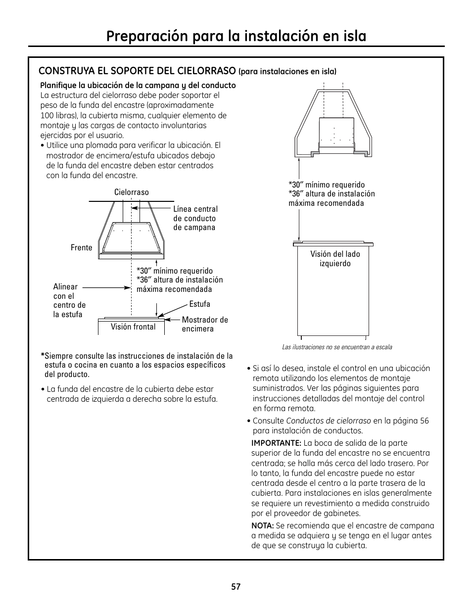 Construya el soporte del cielorraso, Preparación para la instalación en isla | GE Monogram ZVC36 User Manual | Page 57 / 68