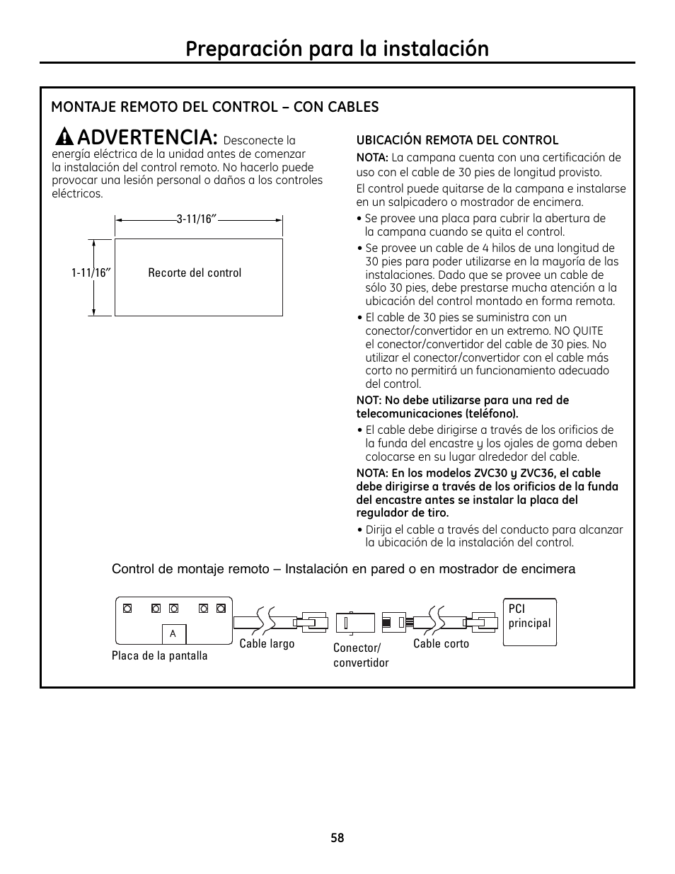 Montaje remoto del control – con cables, Montaje remoto del control – con cables , 59, Preparación para la instalación advertencia | GE Monogram ZVC36 User Manual | Page 58 / 68
