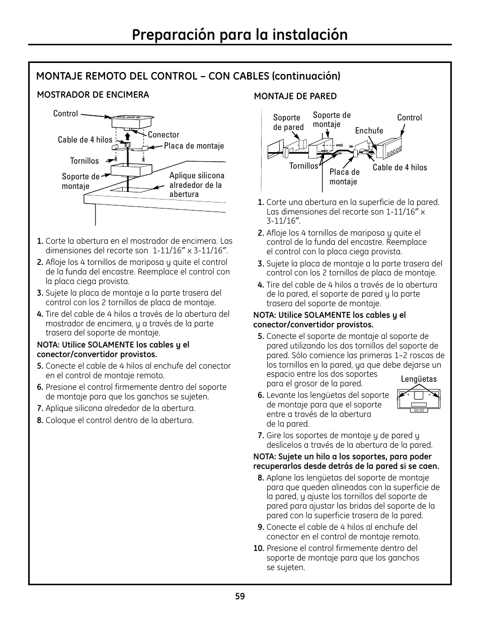 Preparación para la instalación | GE Monogram ZVC36 User Manual | Page 59 / 68