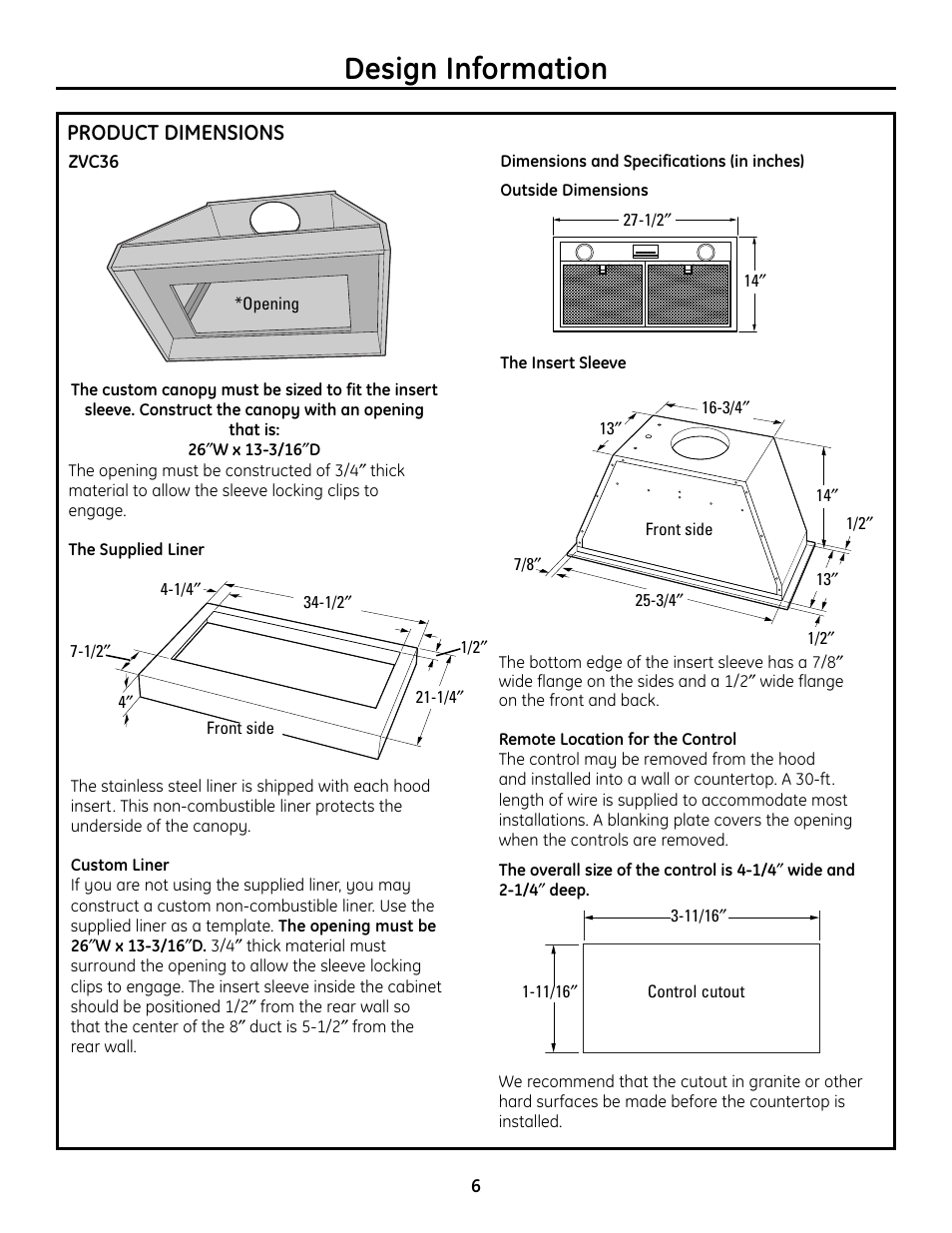 Design information, Product dimensions | GE Monogram ZVC36 User Manual | Page 6 / 68