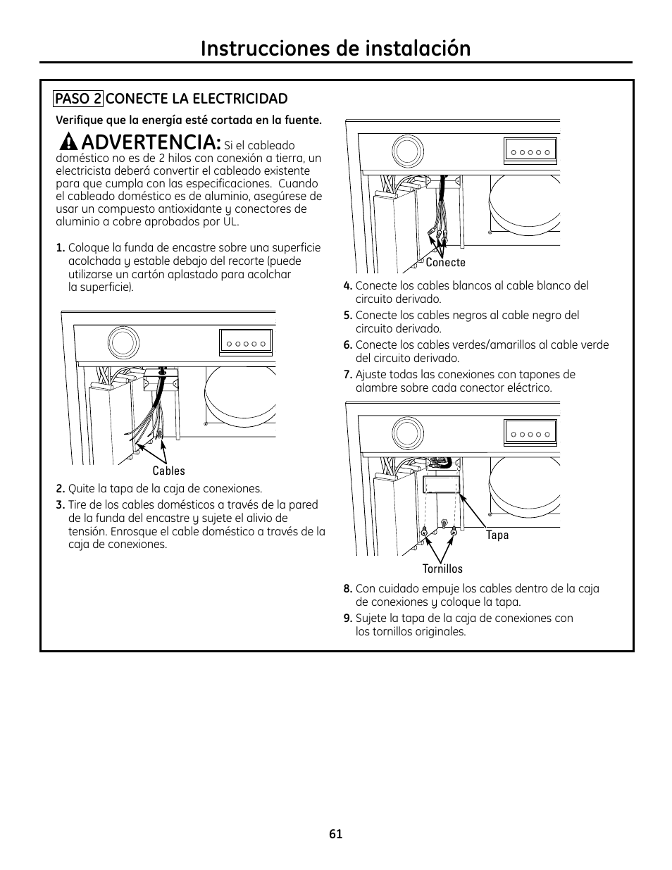 Paso 2, conecte las piezas eléctricas, Instrucciones de instalación, Advertencia | GE Monogram ZVC36 User Manual | Page 61 / 68