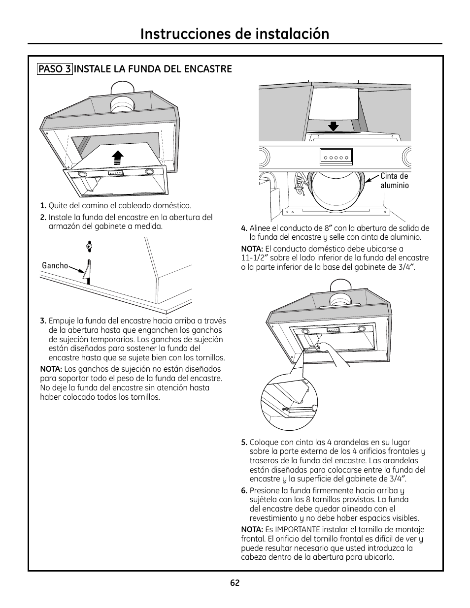 Paso 3, instale la funda del encastre, Instrucciones de instalación | GE Monogram ZVC36 User Manual | Page 62 / 68