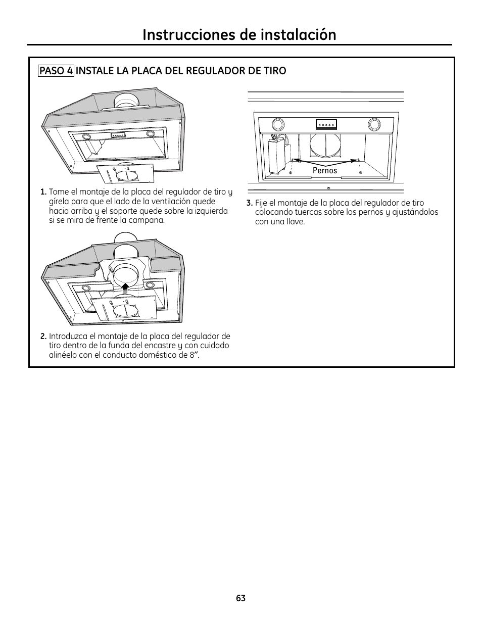 Paso 4, instale la placa del regulador de tiro, Instrucciones de instalación | GE Monogram ZVC36 User Manual | Page 63 / 68