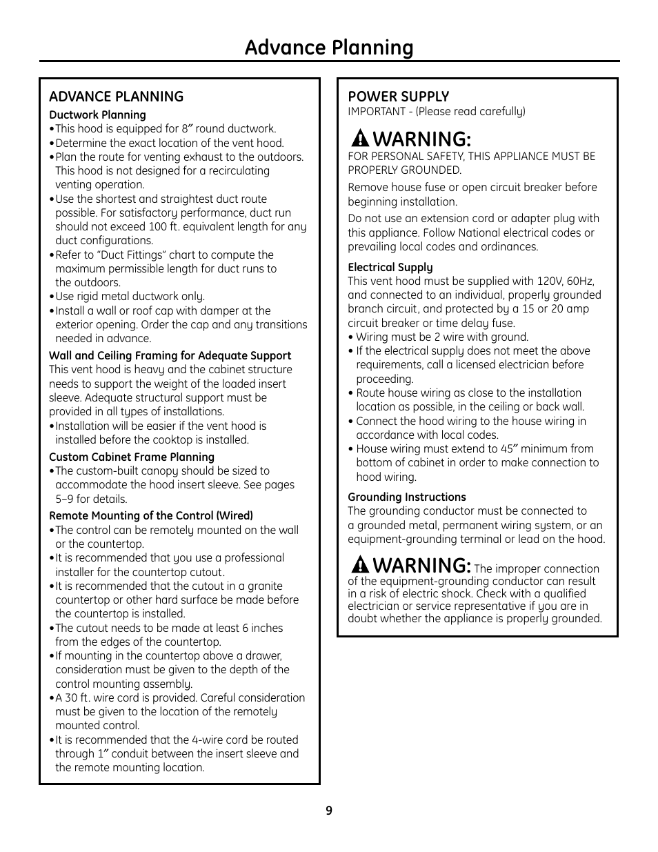 Advance planning, Remote mounting of the control (wired), Power supply | Warning | GE Monogram ZVC36 User Manual | Page 9 / 68