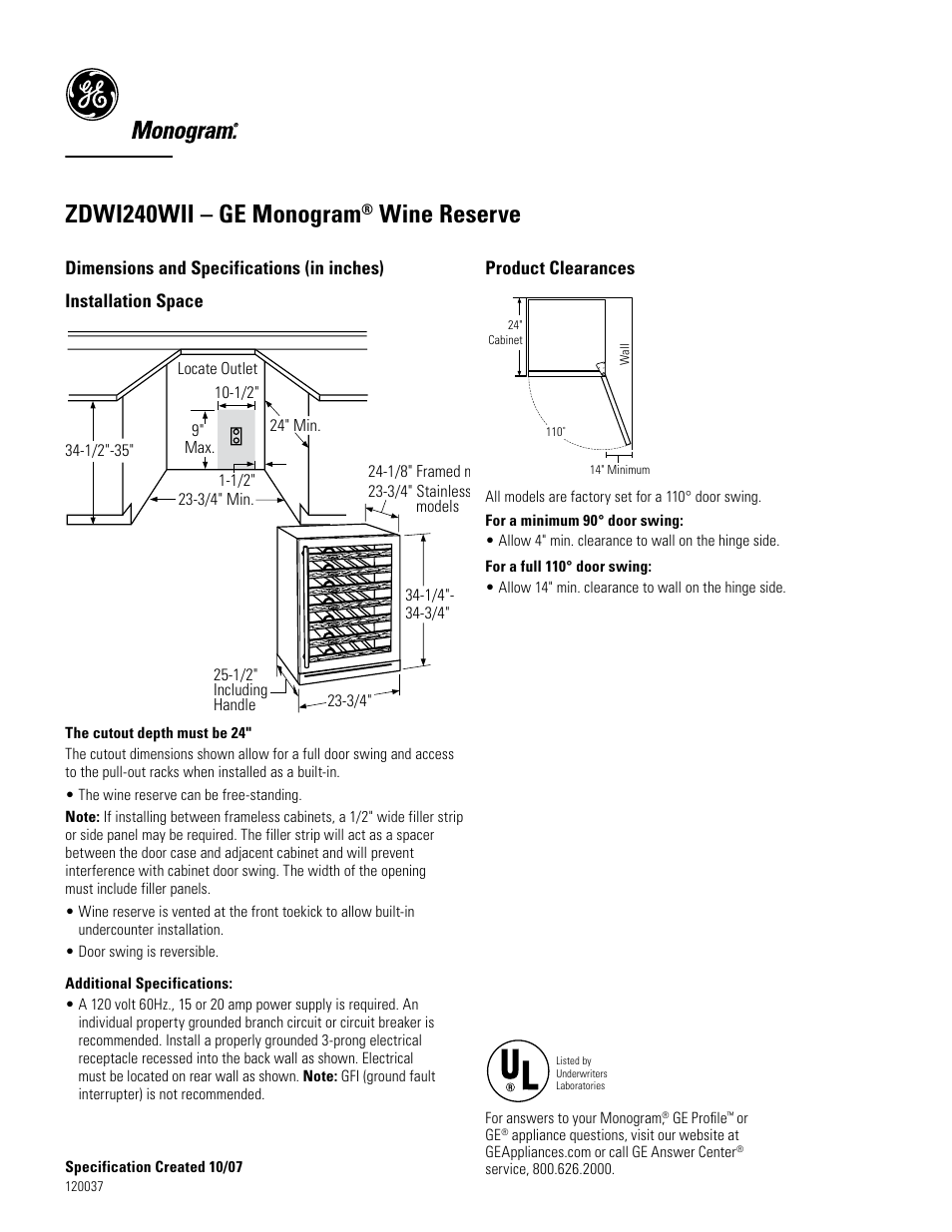 GE Monogram ZDWI240WII User Manual | 3 pages