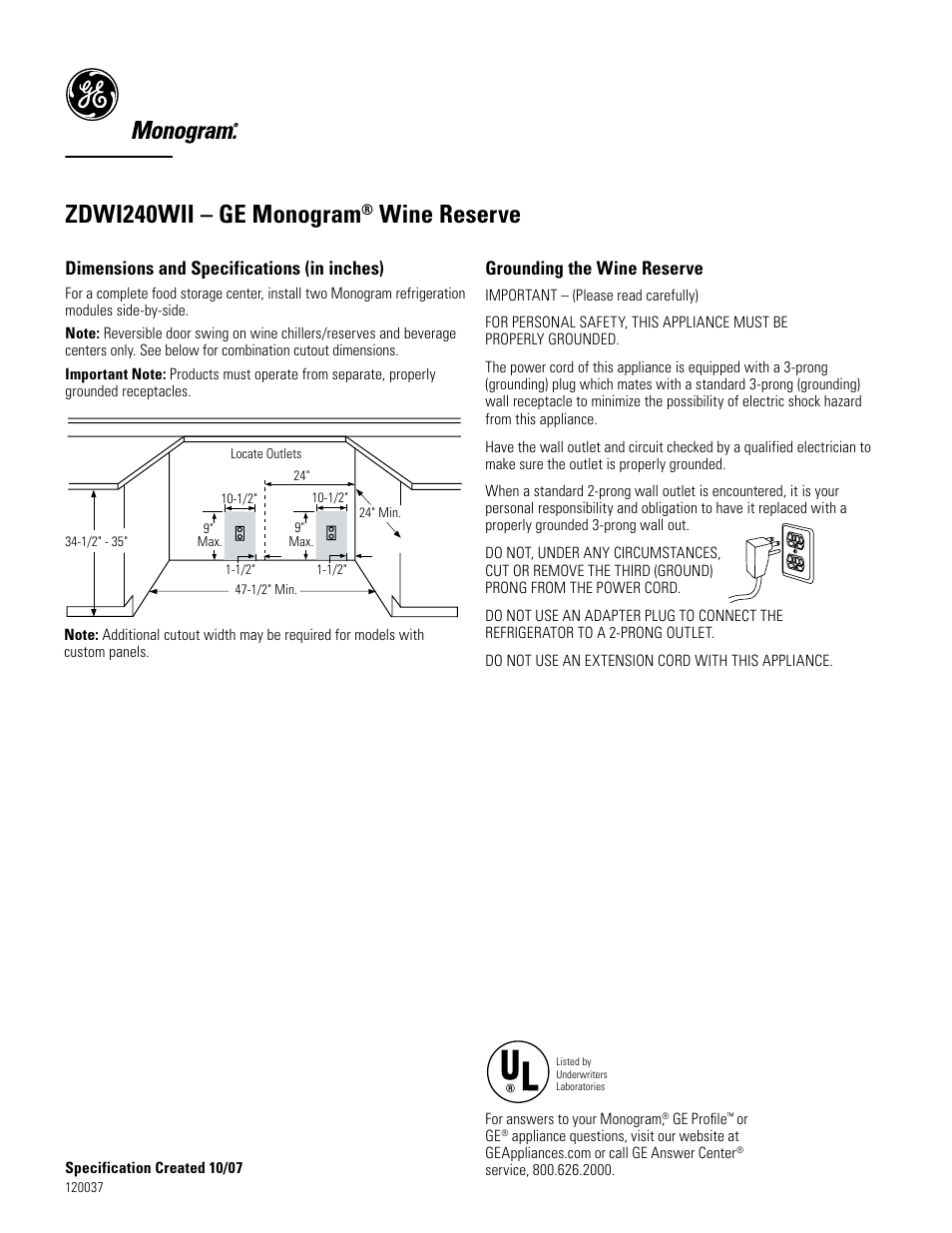 Zdwi240wii – ge monogram, Wine reserve, Dimensions and specifications (in inches) | Grounding the wine reserve | GE Monogram ZDWI240WII User Manual | Page 2 / 3