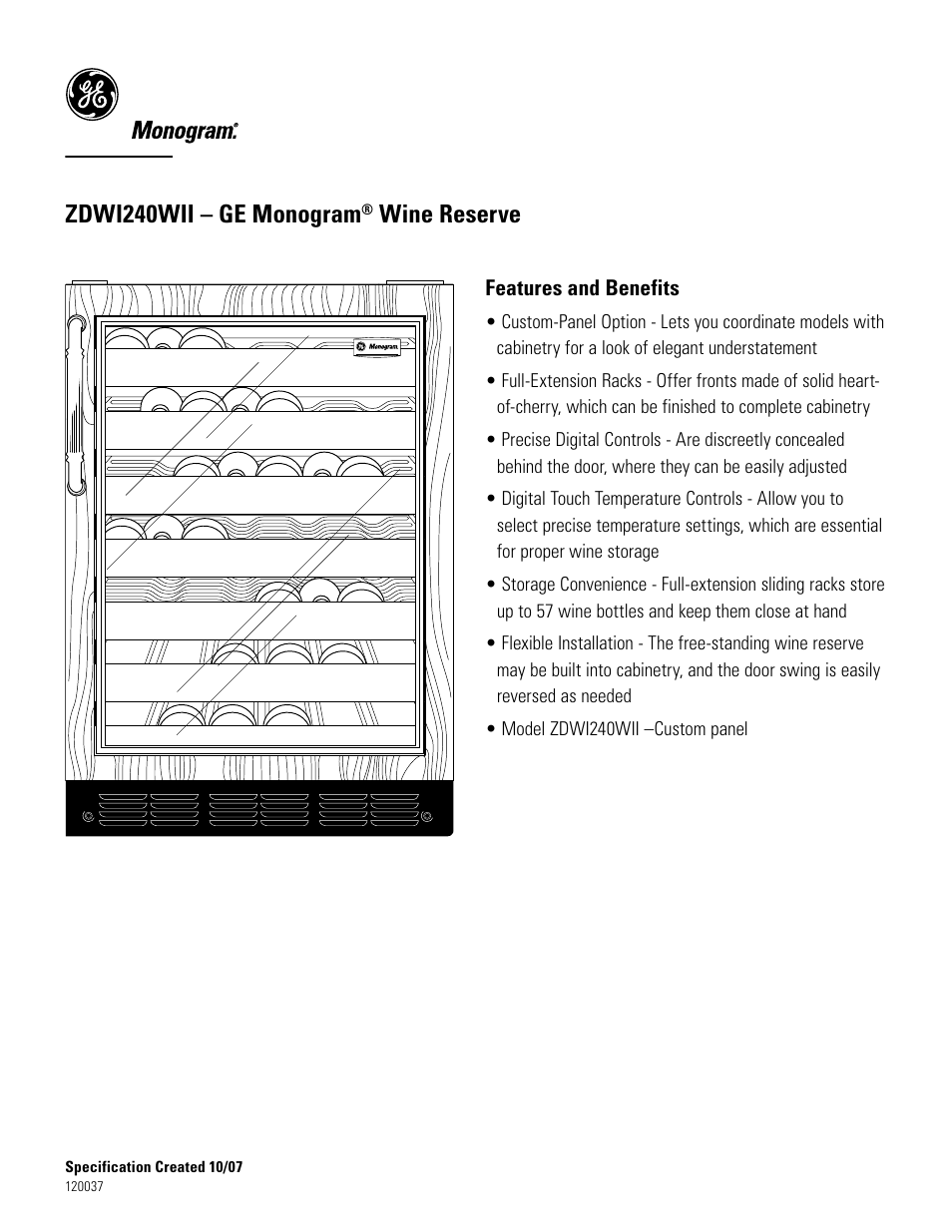 Zdwi240wii – ge monogram, Wine reserve | GE Monogram ZDWI240WII User Manual | Page 3 / 3