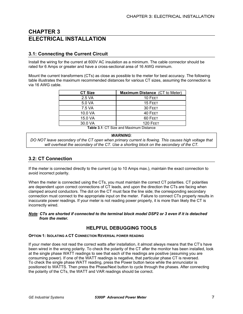 Electrical installation, Connecting the current circuit, Ct connection | Chapter 3 electrical installation, Helpful debugging tools | GE EPM 5200 User Manual | Page 11 / 100