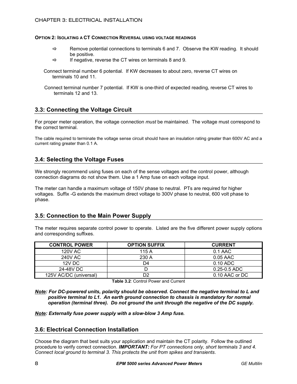 Connecting the voltage circuit, Selecting voltage fuses, Connection to main power supply | Electrical connection installation | GE EPM 5200 User Manual | Page 12 / 100