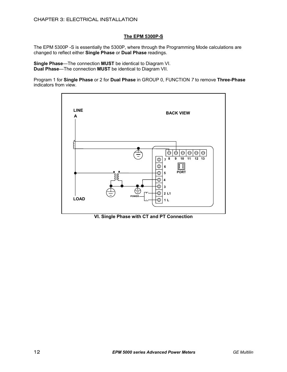 Chapter 3: electrical installation 12, Vi. single phase with ct and pt connection | GE EPM 5200 User Manual | Page 16 / 100