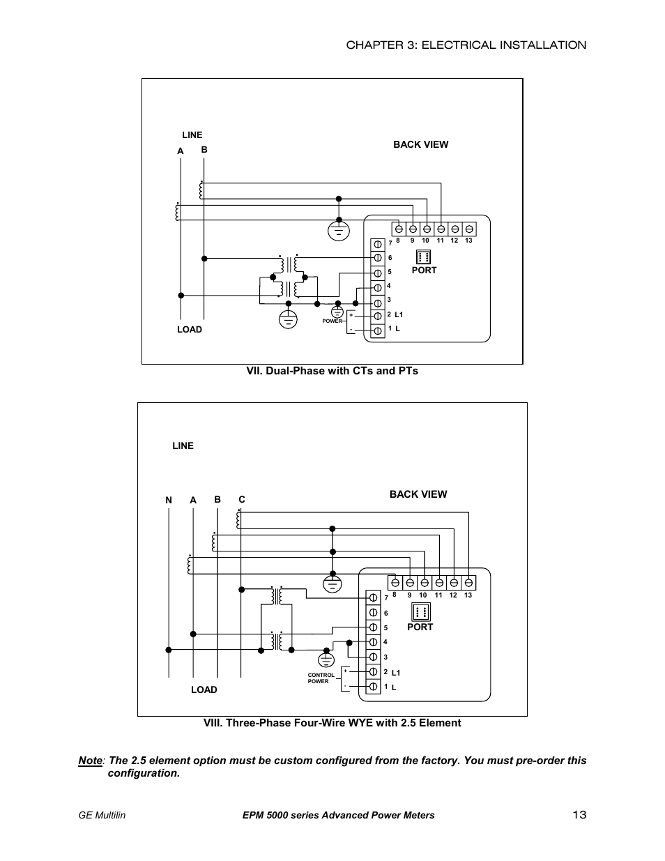 Chapter 3: electrical installation, Vii. dual-phase with cts and pts | GE EPM 5200 User Manual | Page 17 / 100